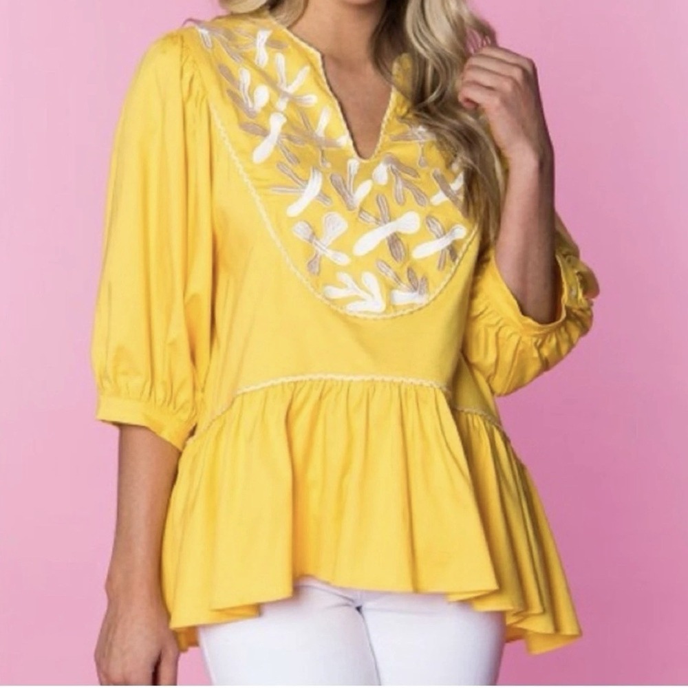 Crosby by Mollie Burch Mel Embroidered Soleil Yellow Puff Sleeve Peplum Top Sz S